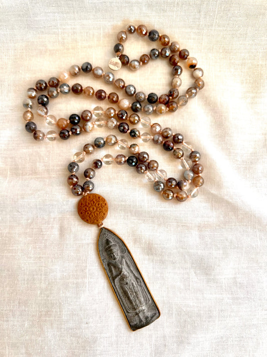 Wandering Monk Mala, Mystic Brown Agate and Quartz with Terracotta Diffuser Guru Bead