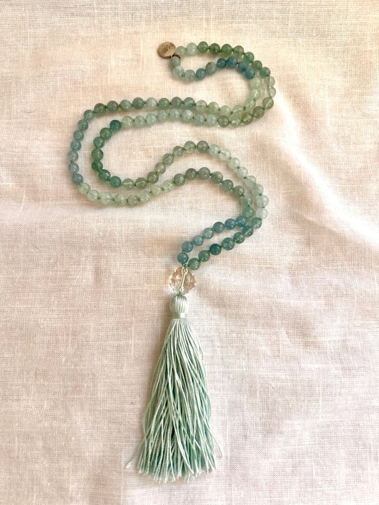 Ebb and Flow Mala, Natural Aquamarine, Faceted Quartz and Silk Tassel