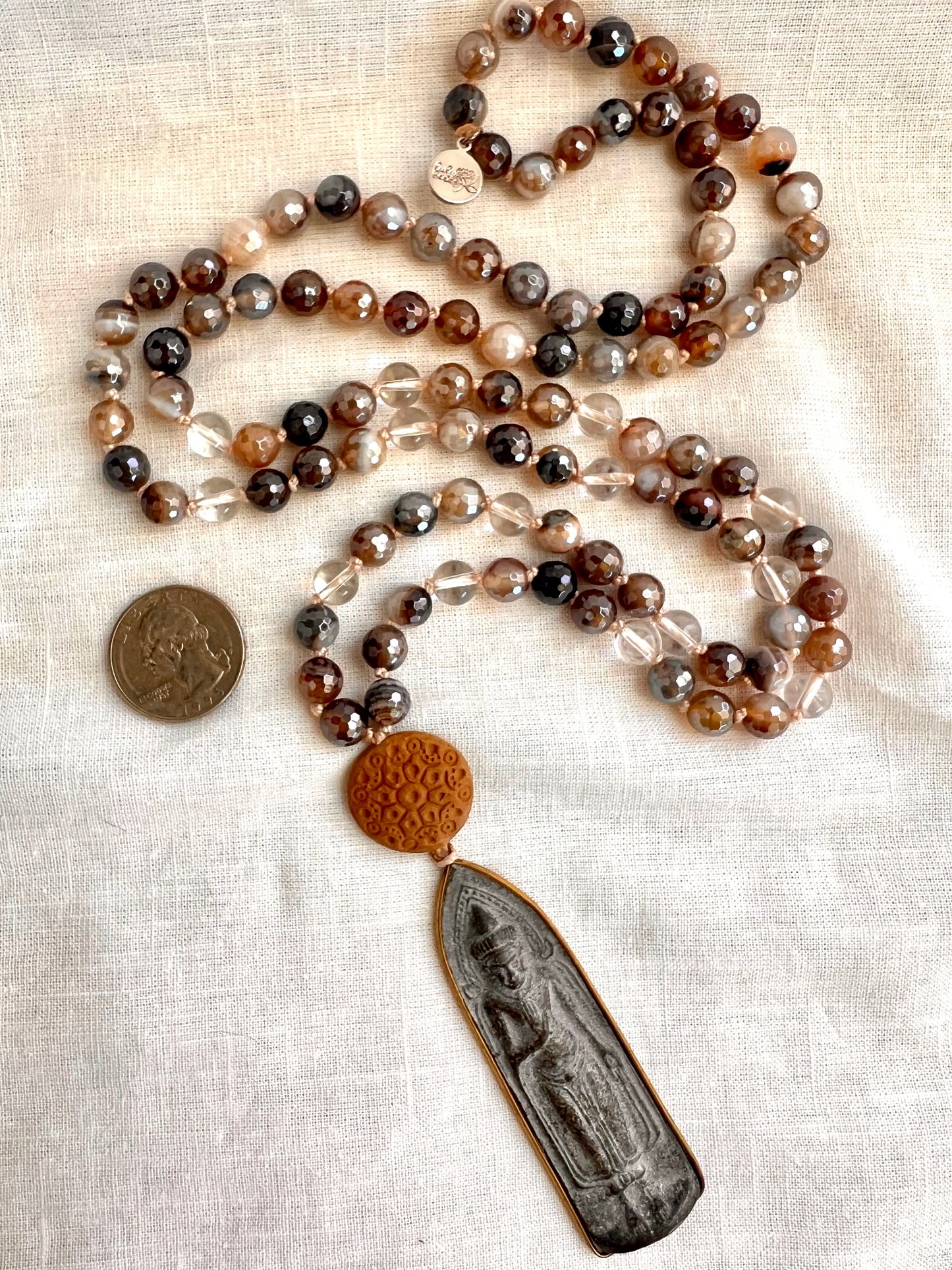 Wandering Monk Mala, Mystic Brown Agate and Quartz with Terracotta Diffuser Guru Bead