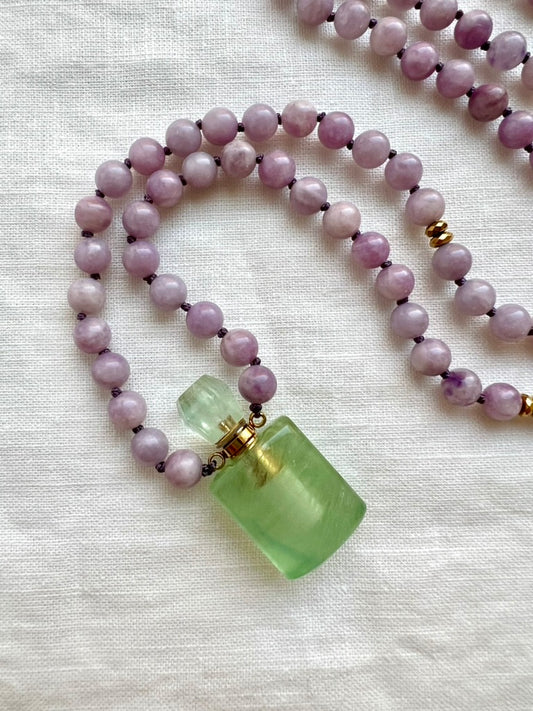 Mala Beads for Peace and Positivity, Lepidolite and Fluorite Miniature Perfume Bottle Pendant