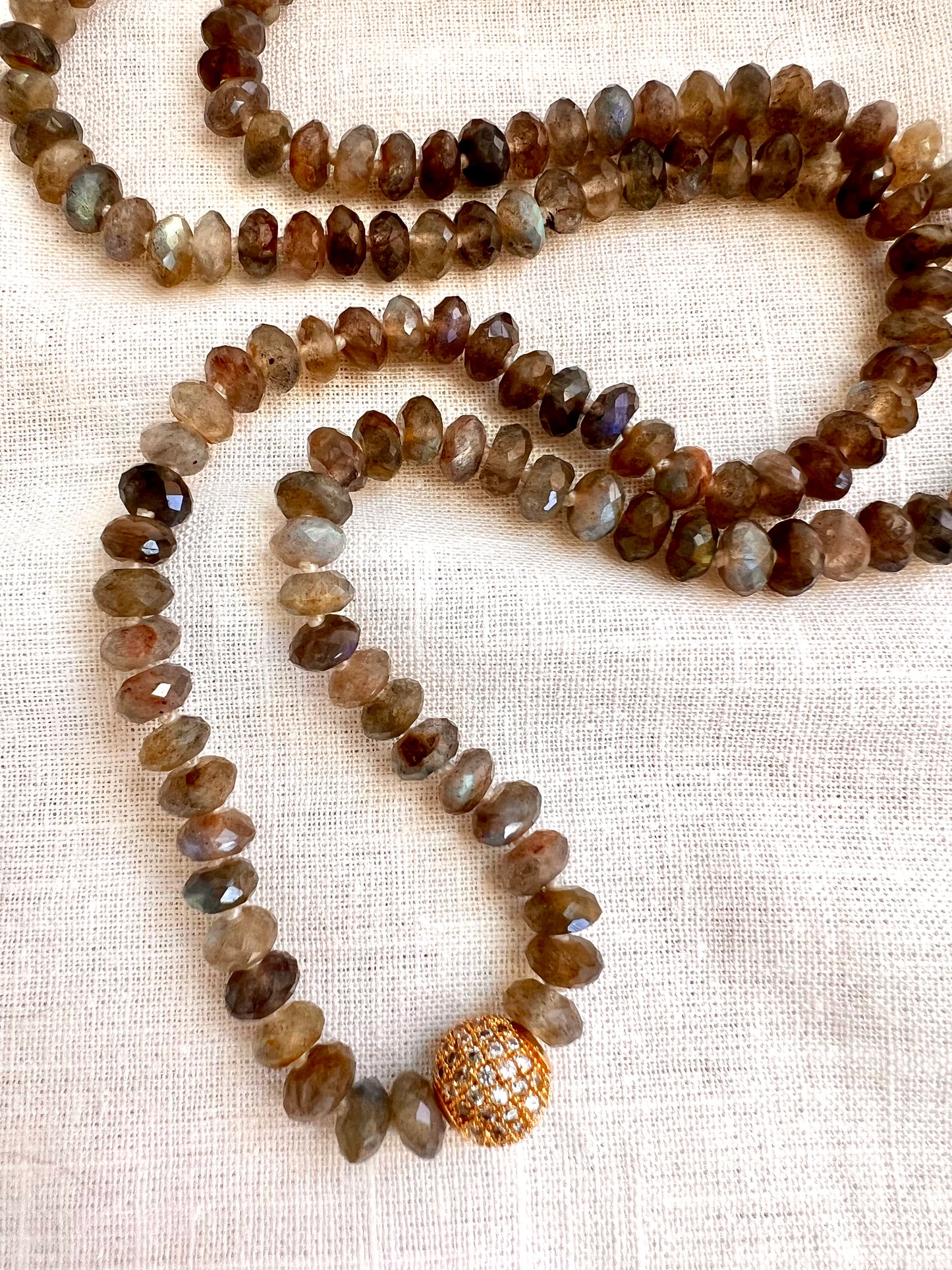 Emberlight Mala Necklace, Faceted Labradorite with Gold Plated Pave Guru Bead
