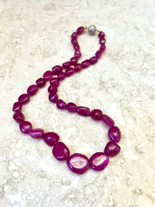 Natural Ruby Nugget Necklace | Vivid Purplish Red Gemstone Beads | 17” Handmade Necklace with Pavé CZ Magnetic Clasp | July Birthstone Jewelry