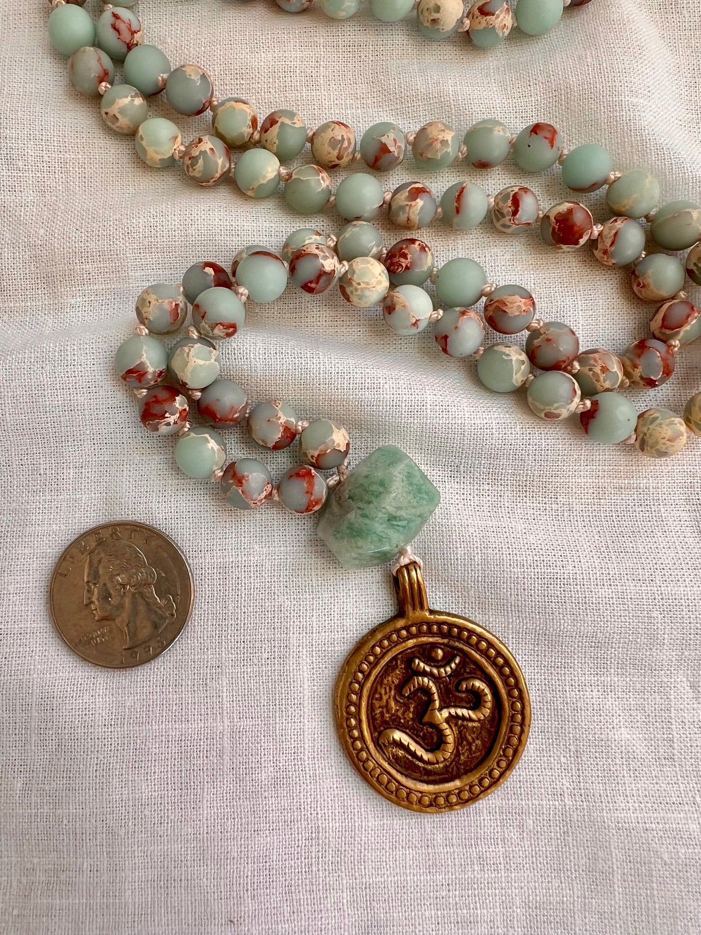 The Quiet Tide Mala, Aqua Terra Jasper with Amazonite and Brass Om