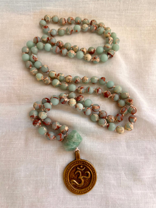 The Quiet Tide Mala, Aqua Terra Jasper with Amazonite and Brass Om
