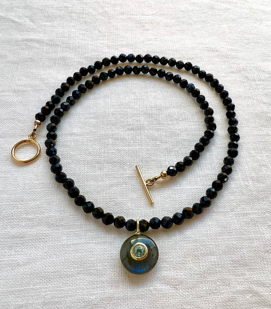 Blue sapphire beaded necklace with labradorite pendant and bezel set blue topaz, handmade by Lulu Beads Studio