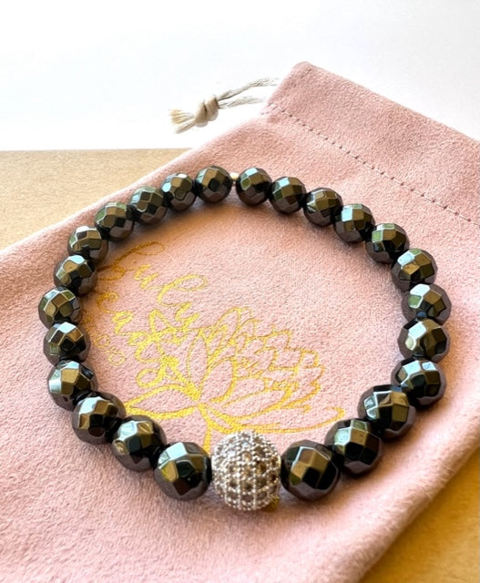 Hematite Mala Bracelet with Pave' Cubic Zirconia Shambala Bead