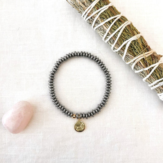 Zodiac Constellation Bracelet, Platinum Hematite with Gold Star Sign Charm