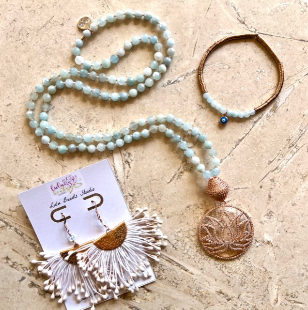 Aquamarine Mala Beads for Courage, Rose Gold Filled Pave' CZ Guru Bead and Lotus Flower Amulet