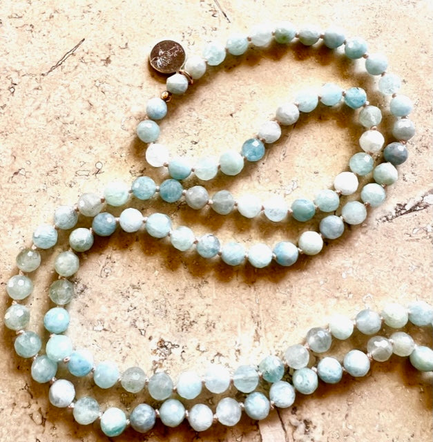 Aquamarine Mala Beads for Courage, Rose Gold Filled Pave' CZ Guru Bead and Lotus Flower Amulet