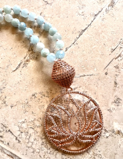 Aquamarine Mala Beads for Courage, Rose Gold Filled Pave' CZ Guru Bead and Lotus Flower Amulet