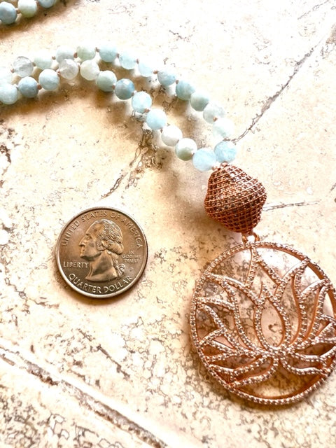 Aquamarine Mala Beads for Courage, Rose Gold Filled Pave' CZ Guru Bead and Lotus Flower Amulet