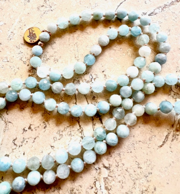 Aquamarine Mala Beads for Courage, Rose Gold Filled Pave' CZ  Guru Bead and Lotus Flower Amulet