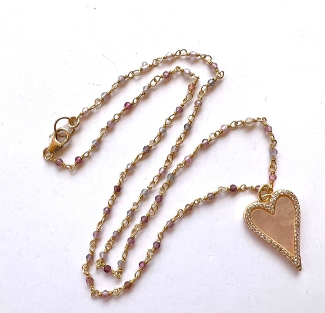 Heart Necklace, Pink Mother of Pearl, Spinel and Cubic Zirconia