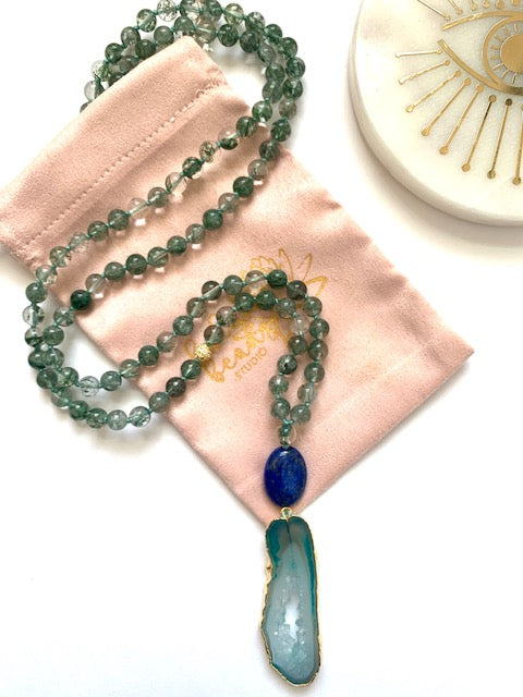 phantom quartz knotted mala beads, 6mm, oval lapis lazuli guru bead, green agate pendant