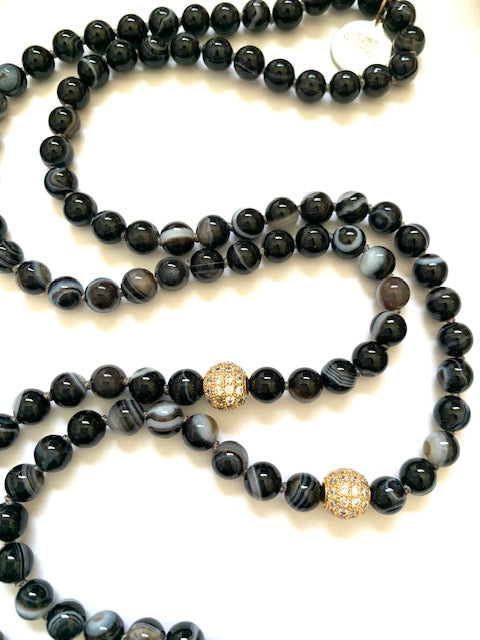 Sardonyx, also know as banded agate, 6mm knotted mala beads with pave cz gold plated accents