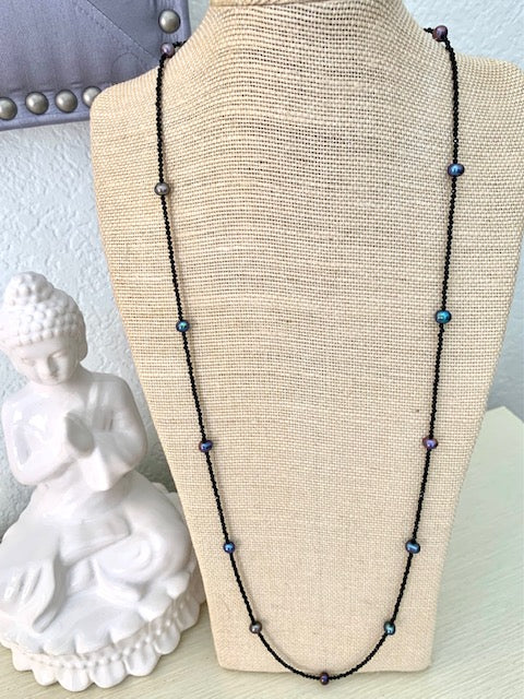 Pearl and Black Spinel Long Station Necklace