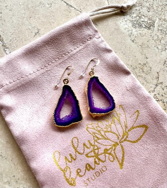 Purple Agate Slice Earrings, Agate with Gold Plated Edges