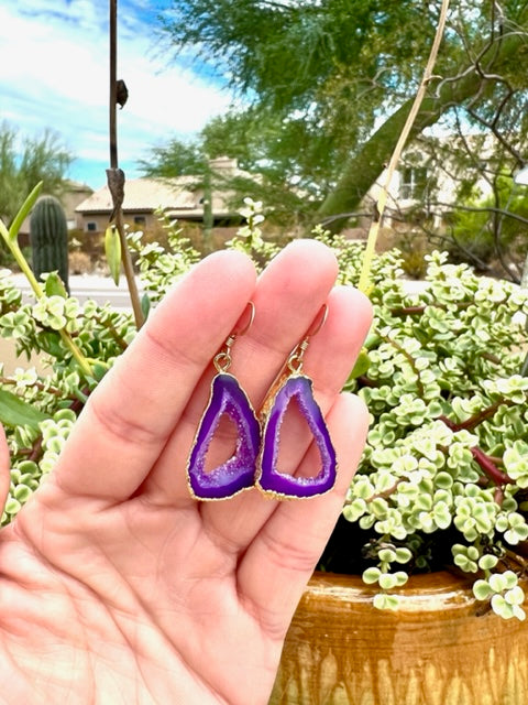 Purple Agate Slice Earrings, Agate with Gold Plated Edges