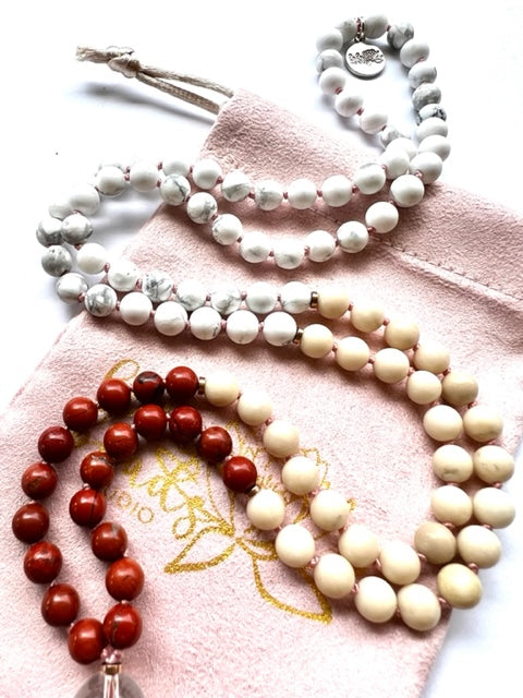mala necklace, 6mm red jasper, riverstone, and howlite jasper, quartz guru bead