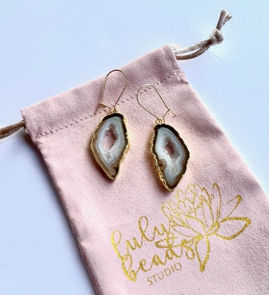 Shakti Earrings, Grey Druzy Agate and Gold