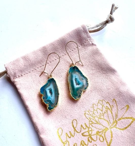 Shakti Earrings, Pale Green Druzy Agate and Gold