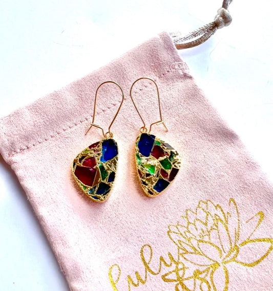 Shakti Earrings, Mosaic Muti-Agate and Gold