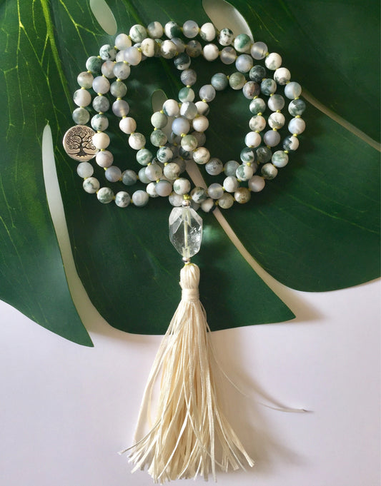 Vrksasana Mala, Mala Beads for Abundance and Hope, Tree Agate and Quartz