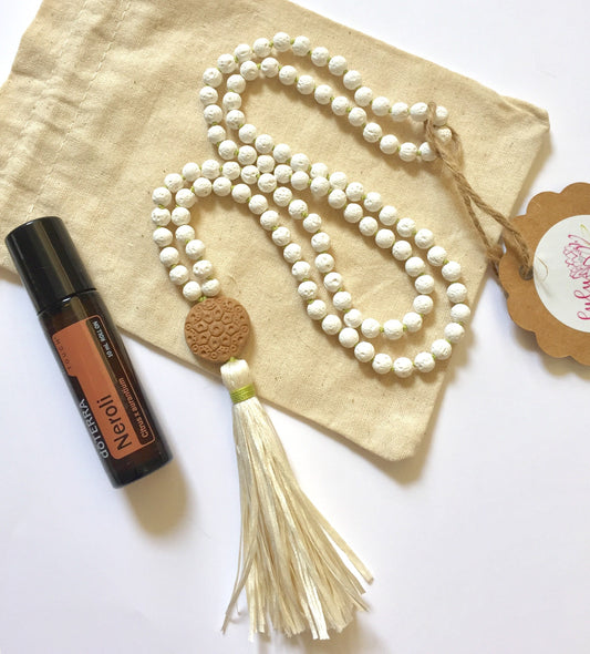 The Mala for Grounding, White Lava and Terra-cotta Oil Diffuser Guru Bead