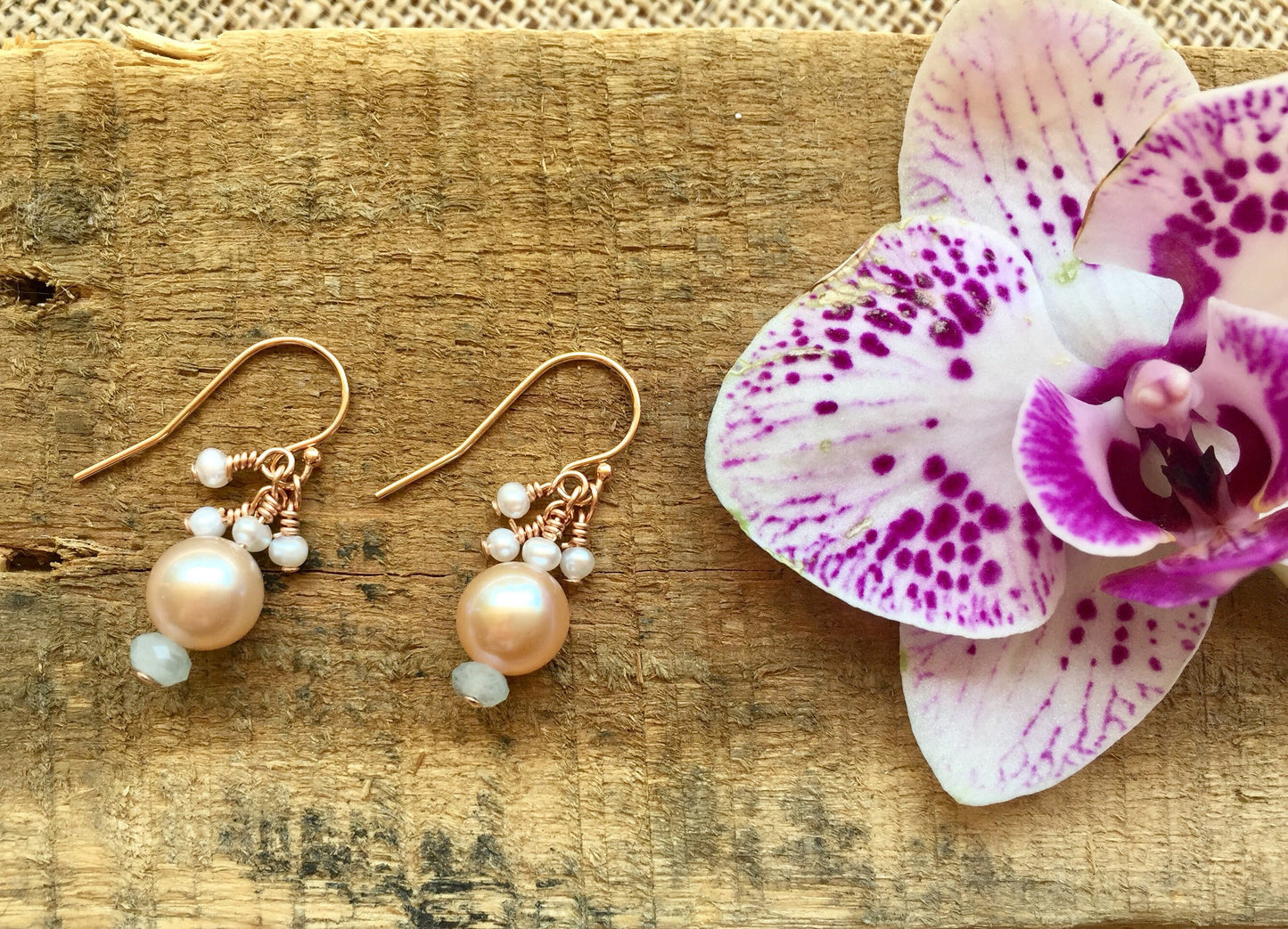 Pink Pearl and Aquamarine Earrings, Rose Gold Plated