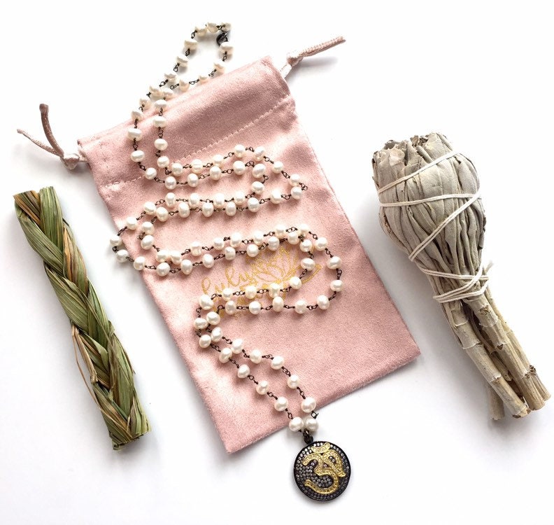 Om Pendant Necklace, Cubic Zirconia Om Pendant, Yoga Om Necklace, Pearl Rosary Chain, Oxidized Silver Rosary Chain, Pearl Layering Necklace