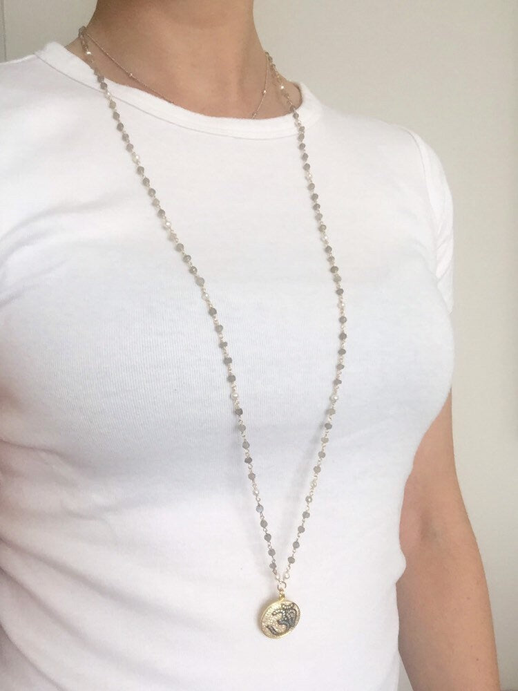 Rosary Style Om Necklace with Pave CZ Om Pendant and Ethiopian Opal