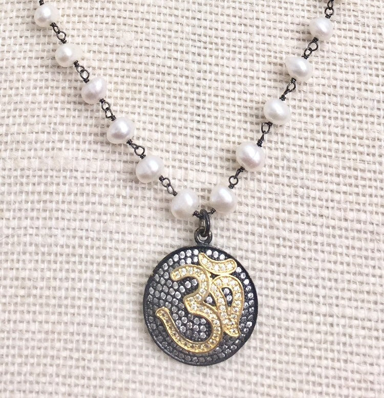 Om Pendant Necklace, Cubic Zirconia Om Pendant, Yoga Om Necklace, Pearl Rosary Chain, Oxidized Silver Rosary Chain, Pearl Layering Necklace