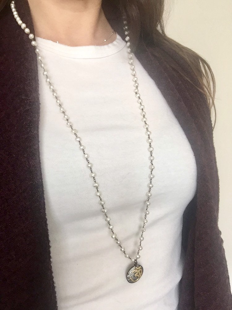 Om Pendant Necklace, Cubic Zirconia Om Pendant, Yoga Om Necklace, Pearl Rosary Chain, Oxidized Silver Rosary Chain, Pearl Layering Necklace