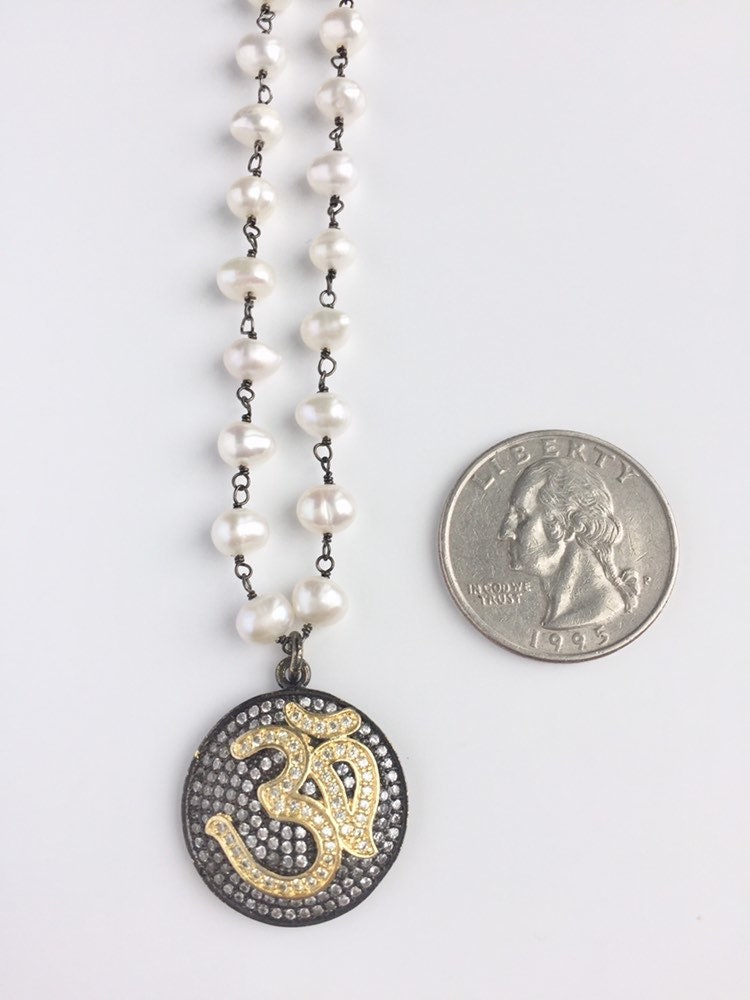 Om Pendant Necklace, Cubic Zirconia Om Pendant, Yoga Om Necklace, Pearl Rosary Chain, Oxidized Silver Rosary Chain, Pearl Layering Necklace