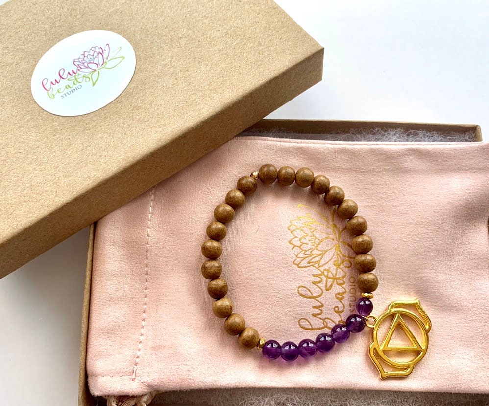 Third Eye Chakra Balancing Bracelet, Amethyst and Sandalwood