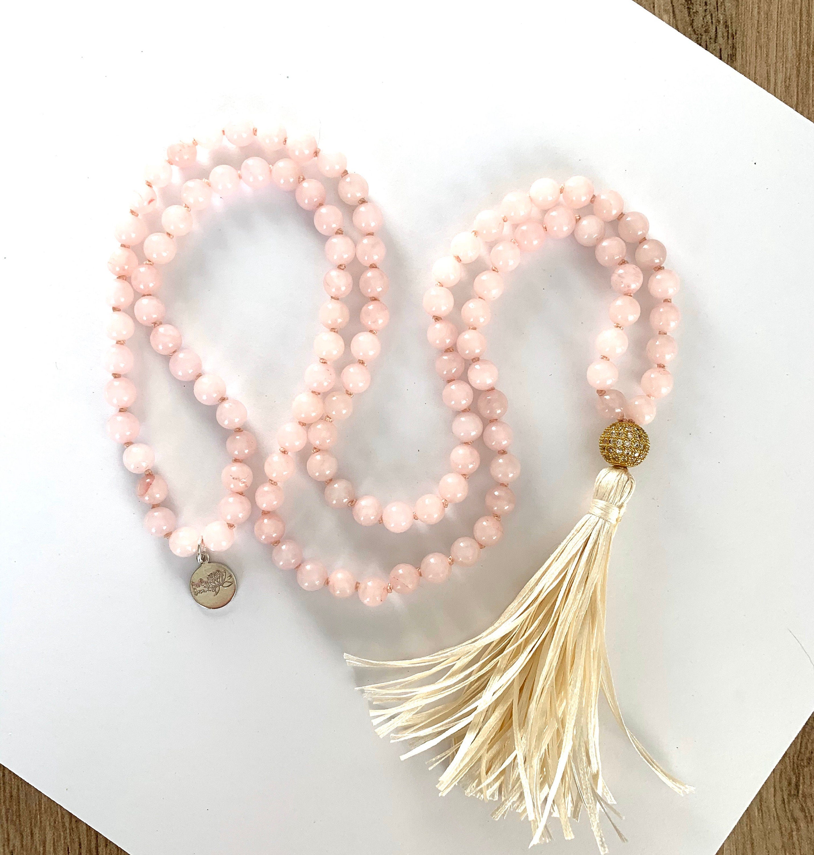 Mala Bracelet | 8mm Beads, Guru Bead, Durable Nylon Cord | Adjustable  Length (Rose Quartz )
