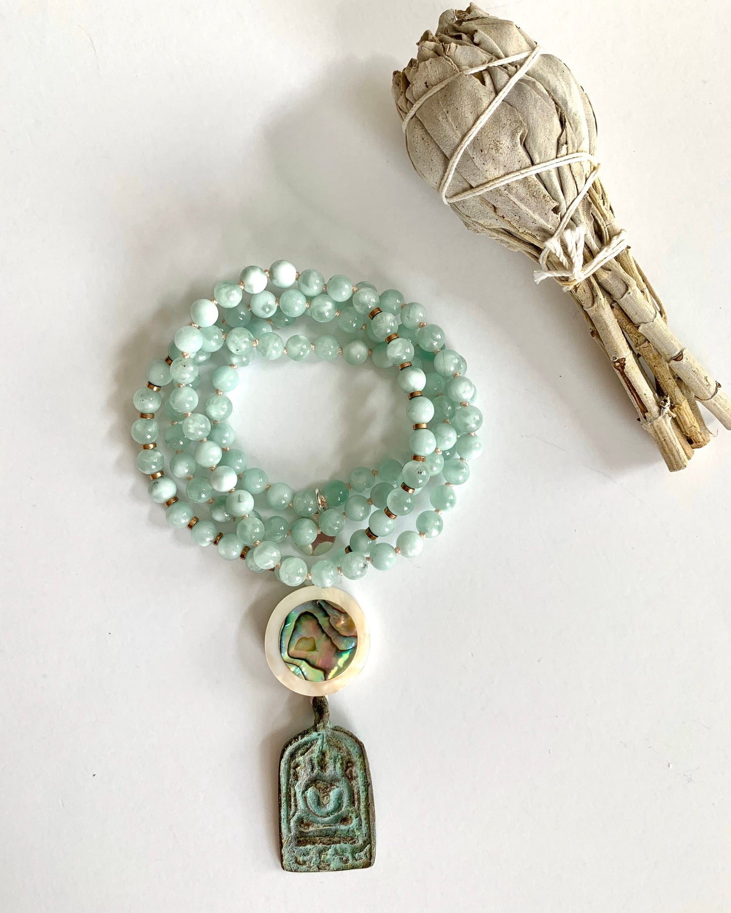 The Peaceful Buddha Mala, Green Angelite, Hematite and Mother of Pearl