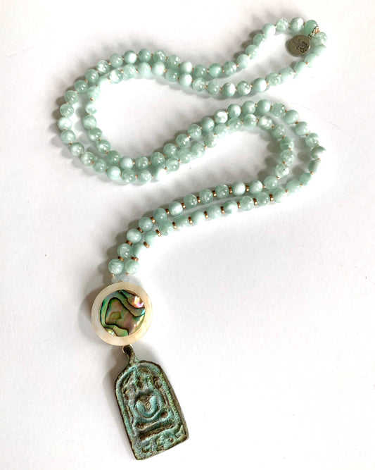 The Peaceful Buddha Mala, Green Angelite, Hematite and Mother of Pearl