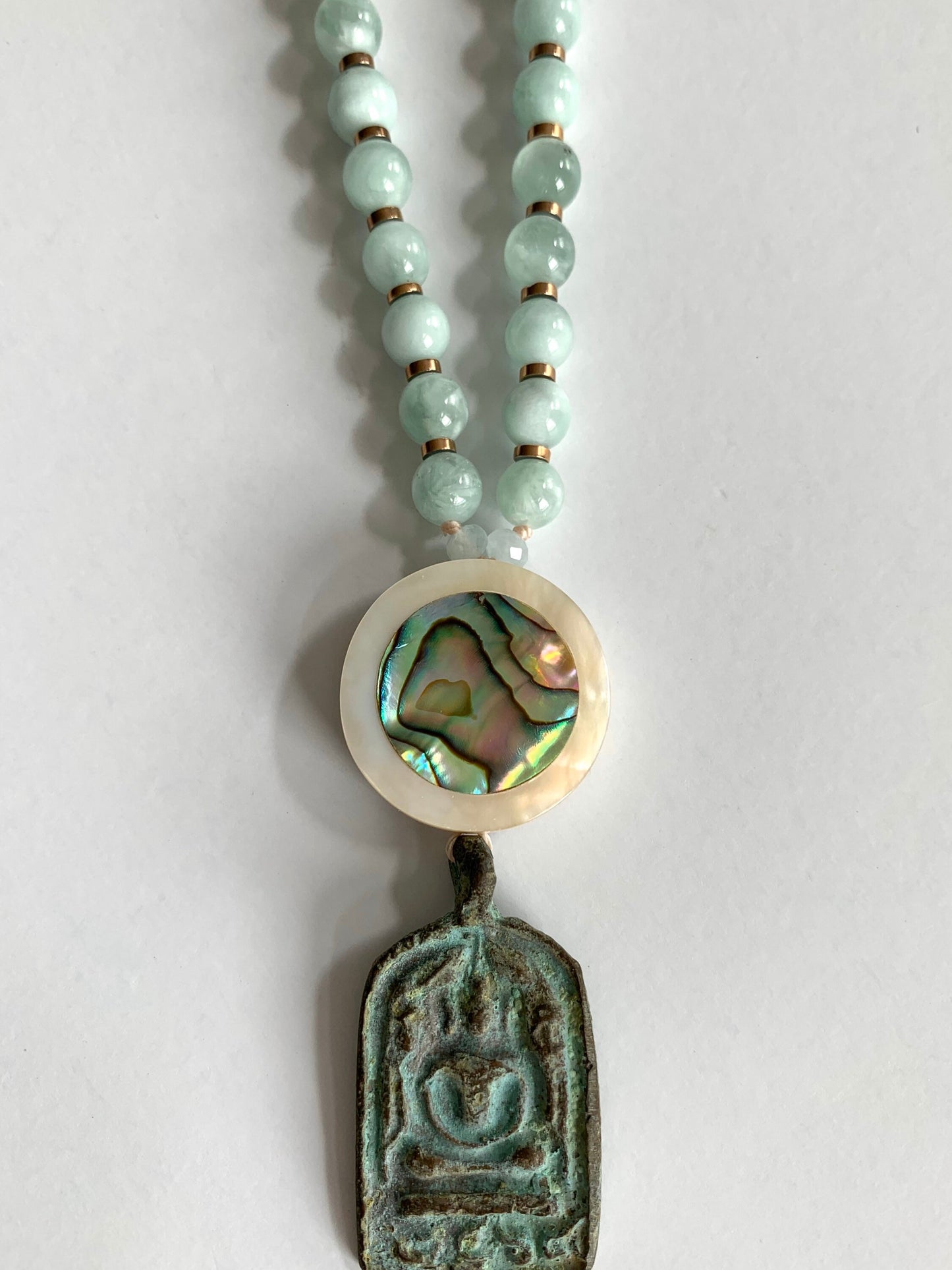 The Peaceful Buddha Mala, Green Angelite, Hematite and Mother of Pearl