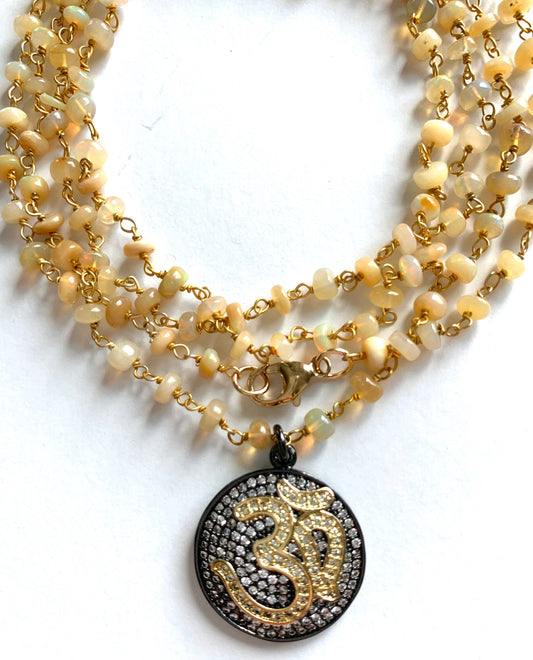 Rosary Style Om Necklace with Pave CZ Om Pendant and Ethiopian Opal