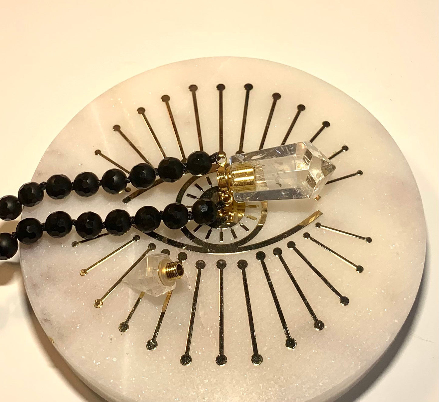 Mala Beads for Strength and Support, Black Onyx with a Quartz Miniature Perfume Bottle Pendant