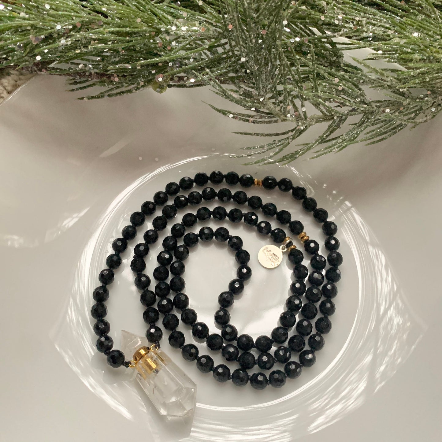 Mala Beads for Strength and Support, Black Onyx with a Quartz Miniature Perfume Bottle Pendant