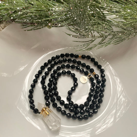 Mala Beads for Strength and Support, Black Onyx with a Quartz Miniature Perfume Bottle Pendant