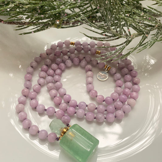 Mala Beads for Peace and Positivity, Lepidolite and Fluorite Miniature Perfume Bottle Pendant
