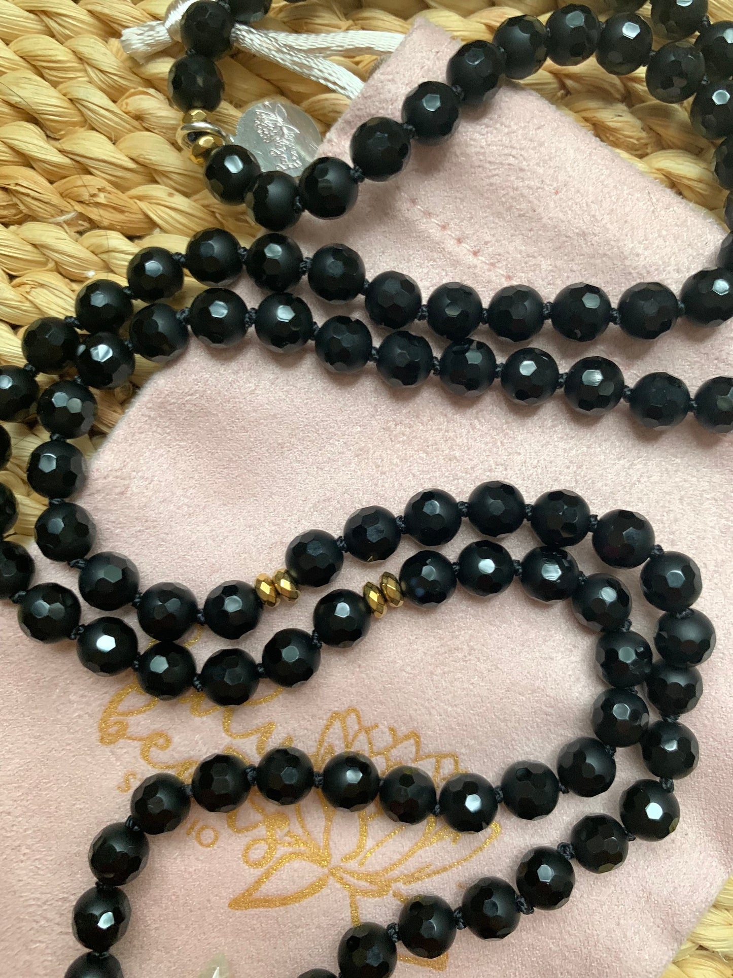 Mala Beads for Strength and Support, Black Onyx with a Quartz Miniature Perfume Bottle Pendant
