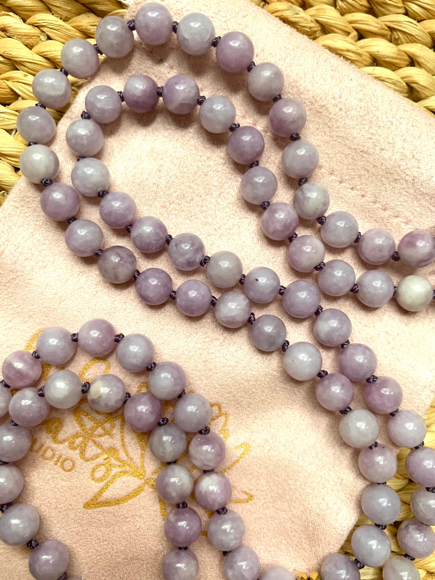 Mala Beads for Peace and Positivity, Lepidolite and Fluorite Miniature Perfume Bottle Pendant