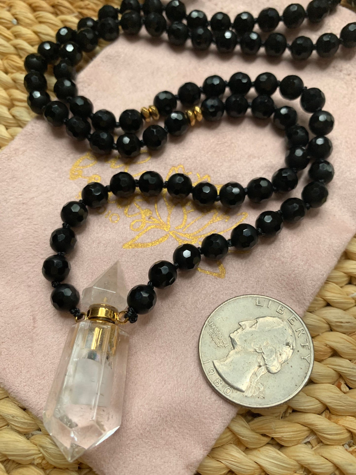 Mala Beads for Strength and Support, Black Onyx with a Quartz Miniature Perfume Bottle Pendant