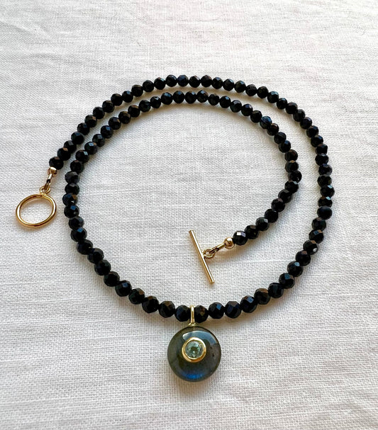 Beaded Sapphire Necklace with Labradorite round gemstone pendant with a bezel set Blue Topaz.  Yellow Gold filled Toggle style clasp.