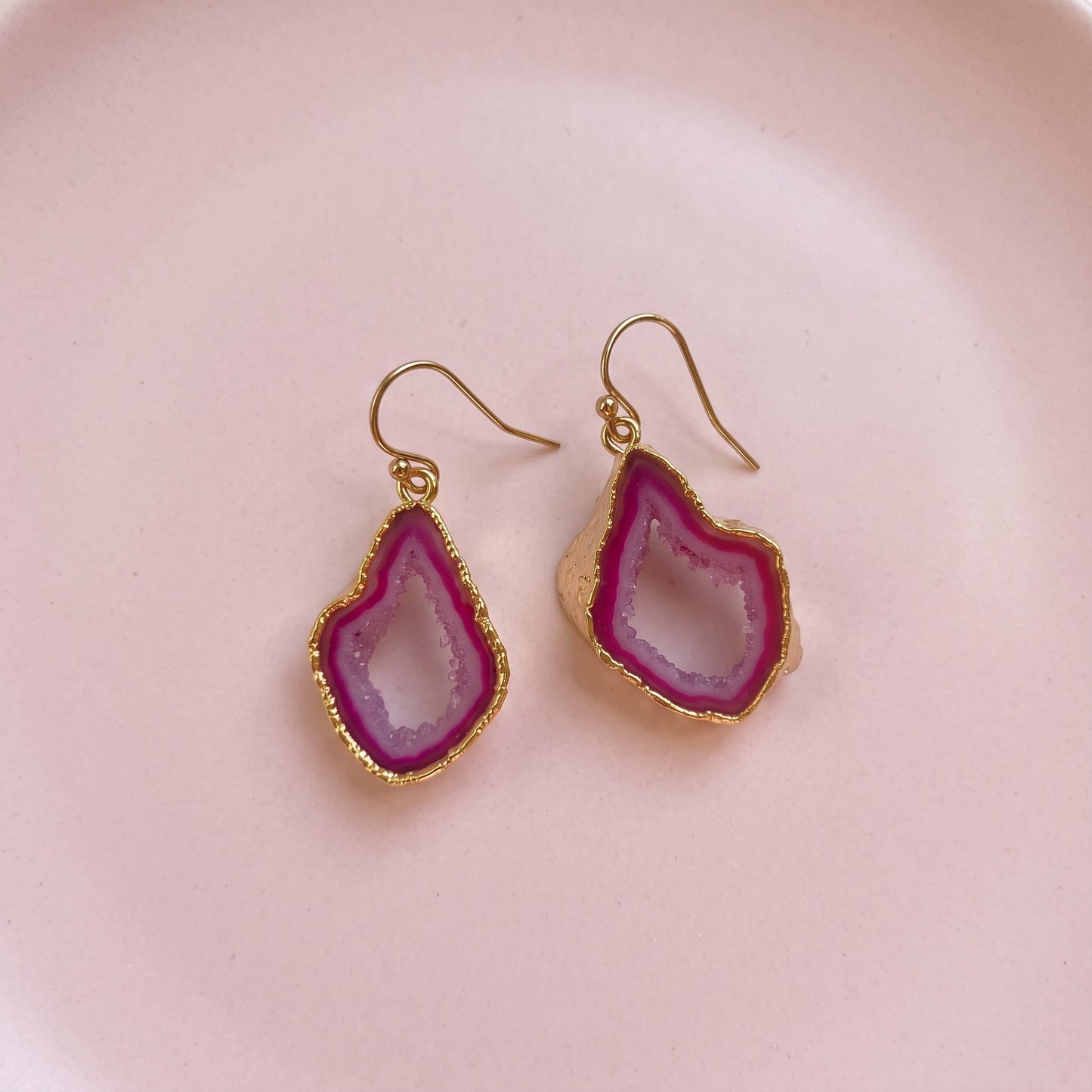 Pink Shakti Earrings, Agate Slice Geode Drops Edged in Gold