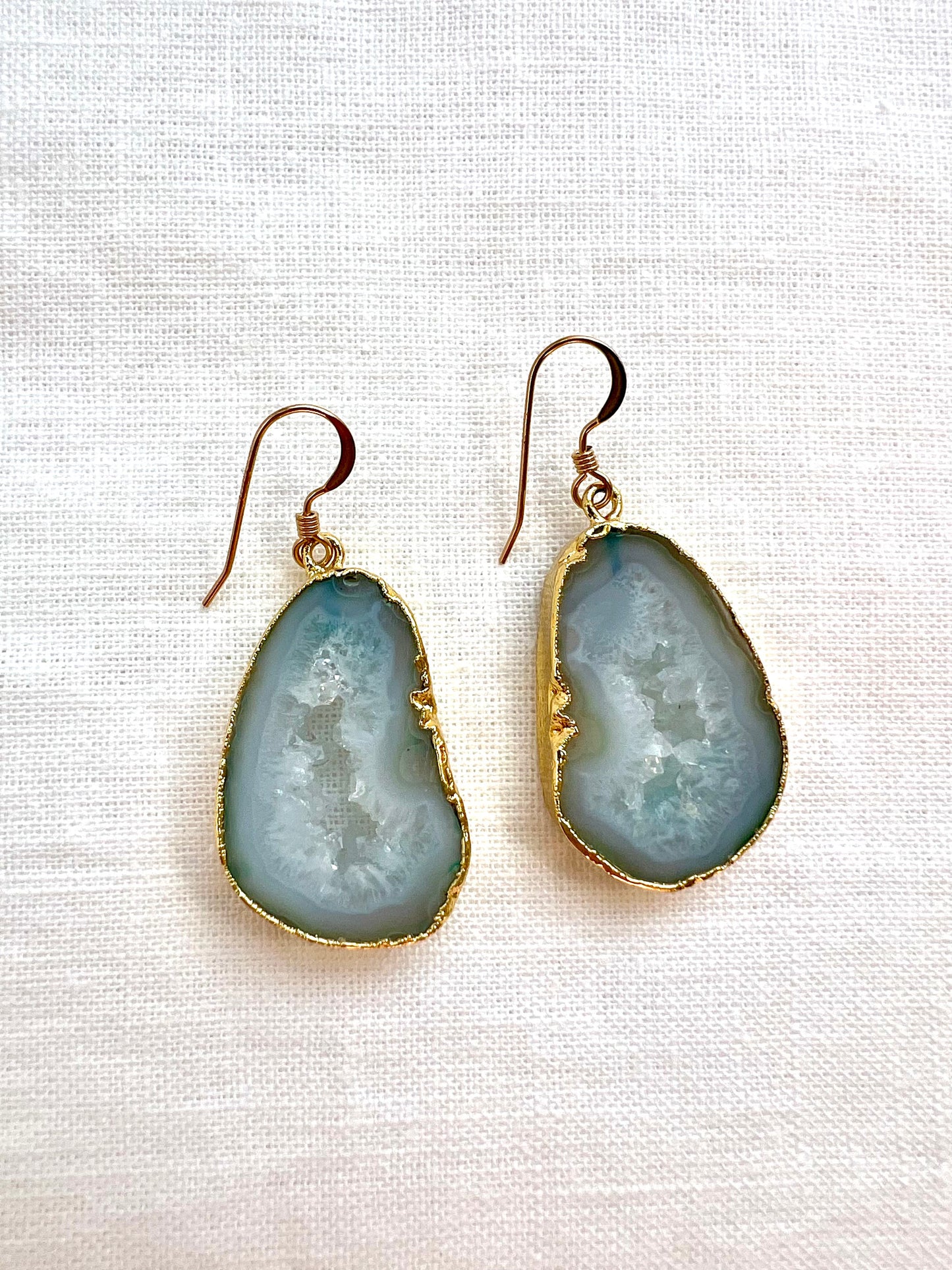 Pale Green Shakti Earrings, Agate Slice Geode Drops Edged in Gold